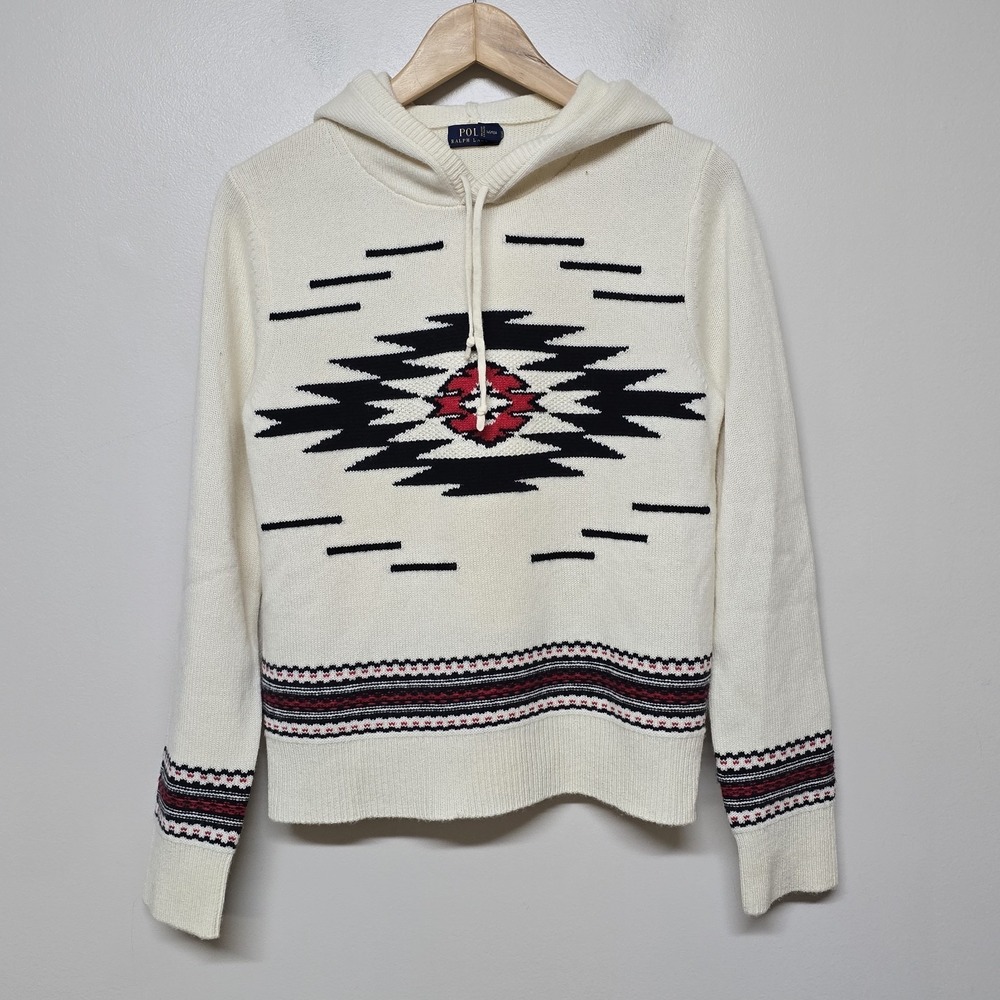 POLO RALPH LAUREN Womens Wool Cashmere Knit Southwestern Aztec Hoodie Sz M - Picture 1 of 9